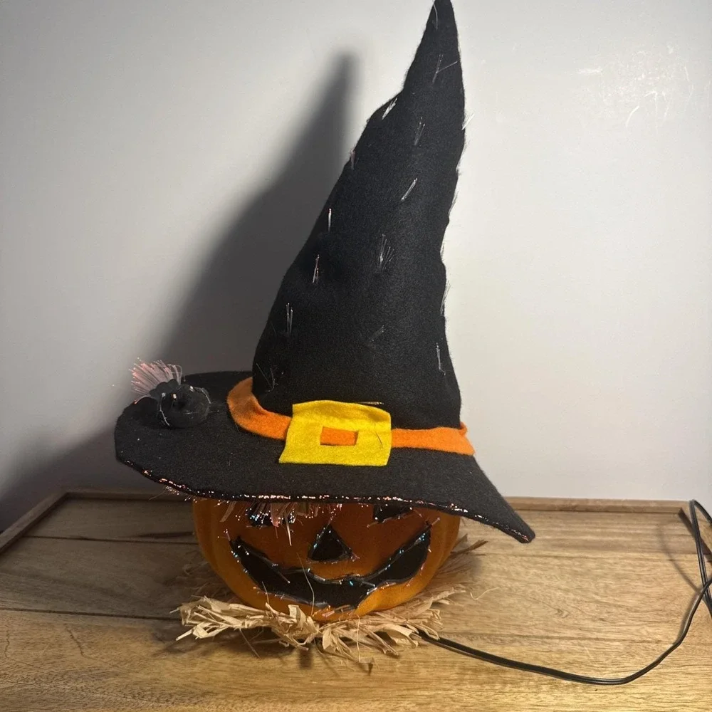 Vtg Halloween Jack-O-Lantern Pumpkin Fiber Optic Witch Hat Color Changing 15.5